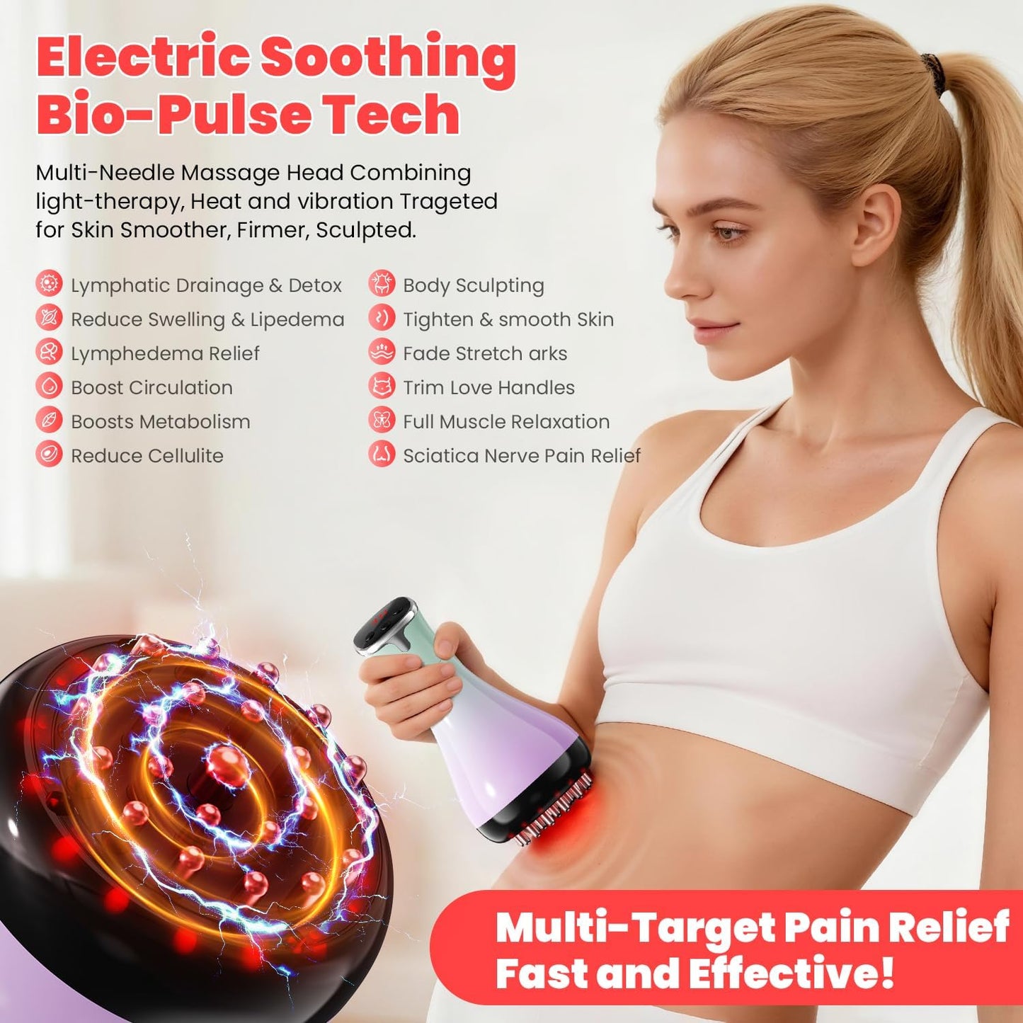 Lymphatic Drainage Massager, Anti-Cellulite Massager For Body Cellulite and Thigh & Belly Stretch Marks Reduction, Handheld Massage tools for lymphedema & lipedema, Sciatica Nerve pain relief Devices