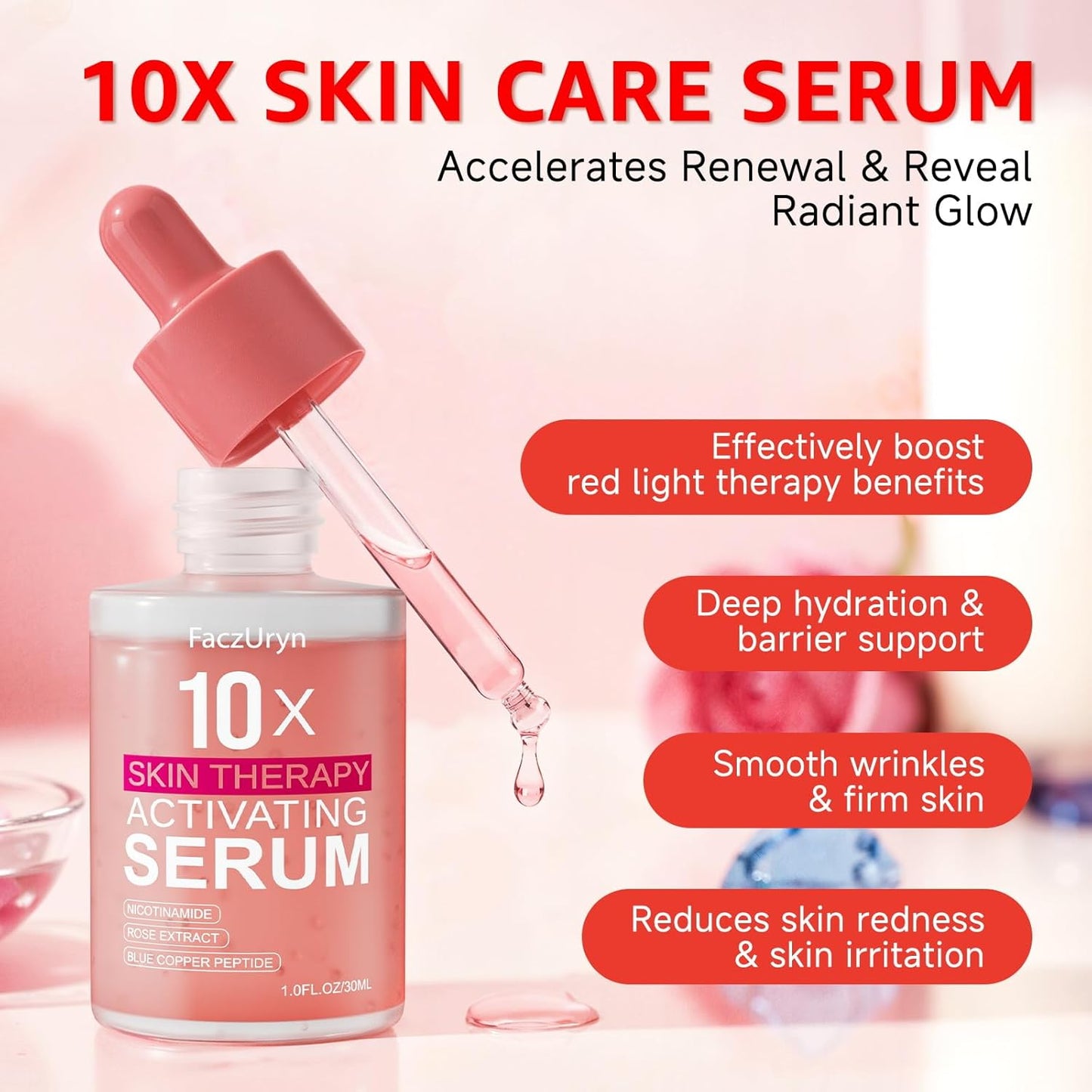 Red Light Therapy Serum, Red Light Therapy Activation Serums Amplify Effects & Reduce Wrinkles with Hydrating, Vitamin E Redlight Serum for Face, Rose Extract Facial Serums for Women, 1.0 FL.OZ